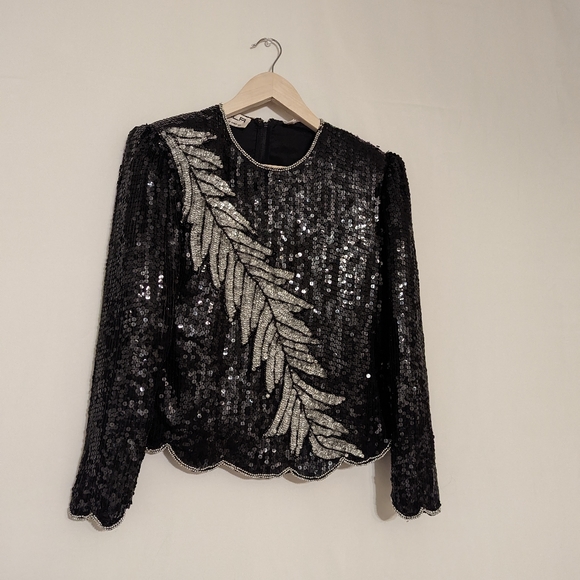 Scala Tops - vintage Scala Women's black and silver feather sequin top size petite small